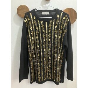 Vintage Victoria Harbour Black Gold Beaded Sequin Sweater Retro Size Medium
